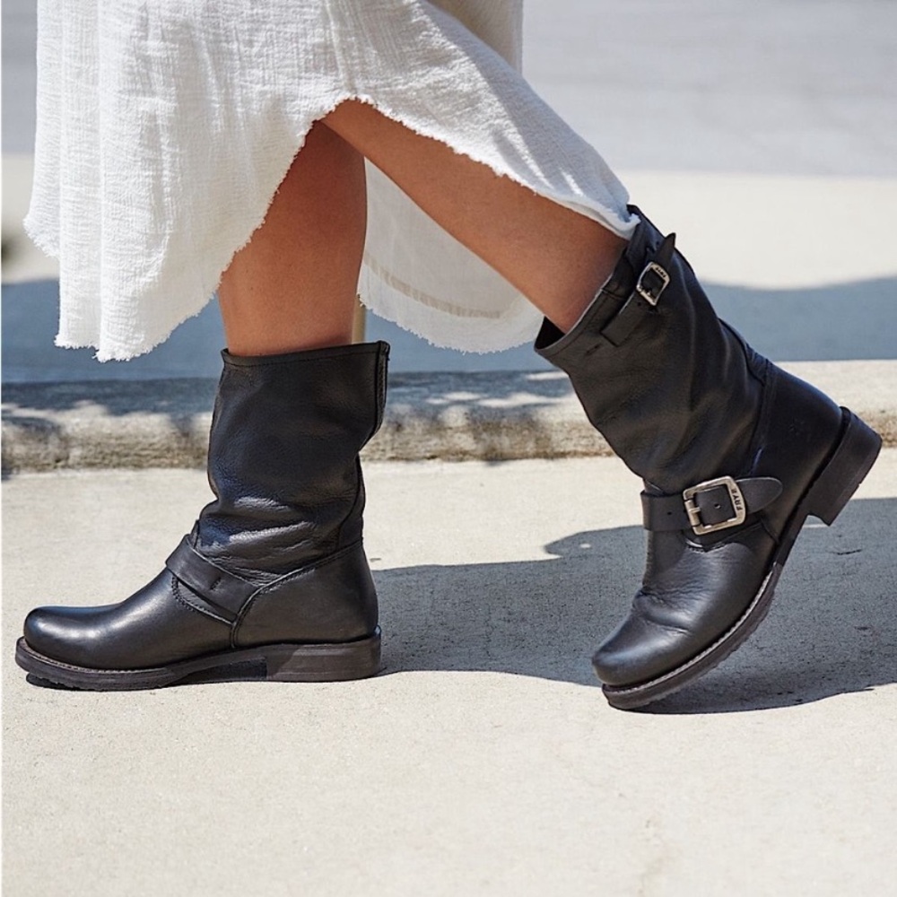 Frye Veronica Short Boot. Black Leather Combat Moto Boots with Silver Buckle
